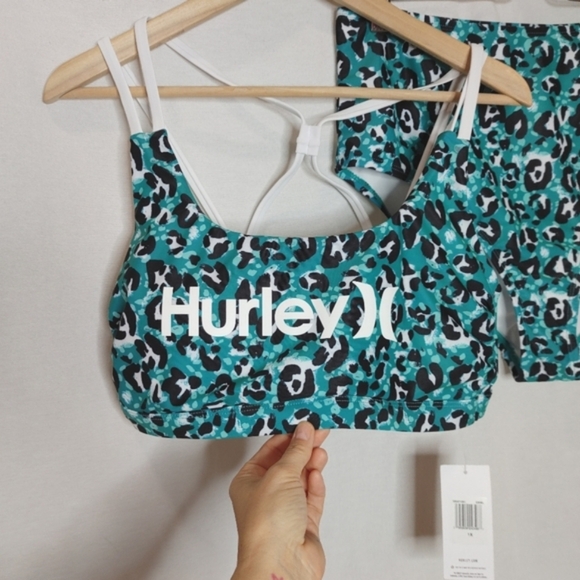 HURLEY Bikini Swimsuit High Waisted Teal Leopard Moderate Coverage 1X Plus New - Picture 3 of 10